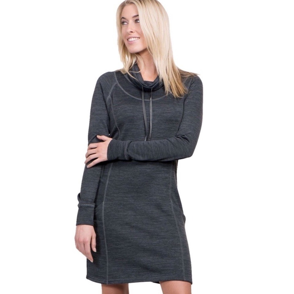 Kuhl Womens Lea Charcoal Gray Cowl Neck Thumbhole Long Sleeve Sweater Dress XS